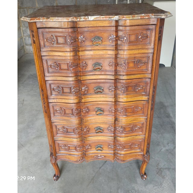 Brown Provincial Style Walnut and Breche D’Alep Marble Top Chest of Drawers For Sale - Image 8 of 11