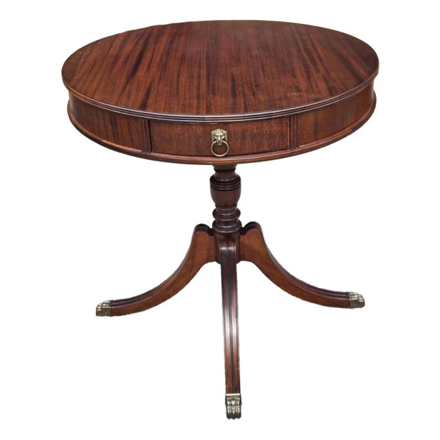 1940s Georgian Style Satin Mahogany Single-Drawer Drum Table, Refinished For Sale