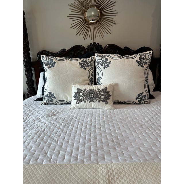 Traditional Set of 3 Pillows. Two Oversized Ankasa Embroidered Euro Pillows With 1 Coordinating Lumbar – For Sale - Image 3 of 12