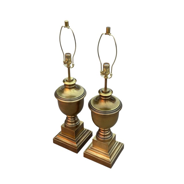 Vintage French Empire Style Gold Brass Metal Urn Form Table Lamps - A Pair For Sale - Image 4 of 8