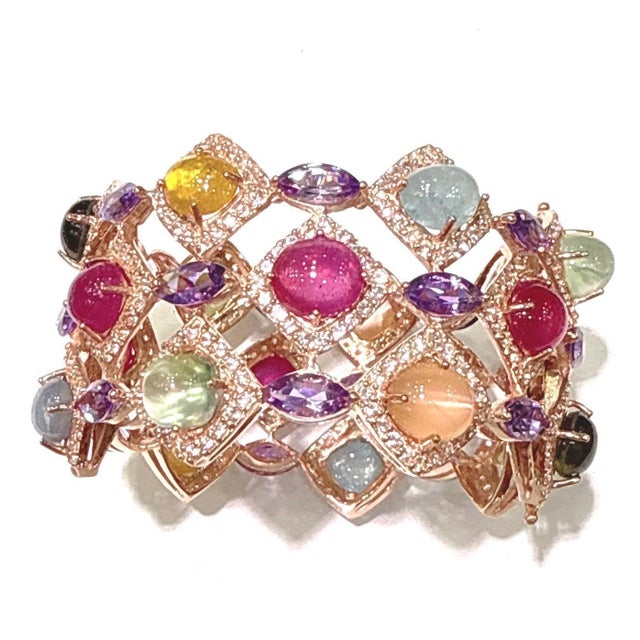 Ruby Red Bochic “Capri” Ruby & Multi Color Gem & Sapphire Bangle Set In 18K Gold & Silver For Sale - Image 8 of 9