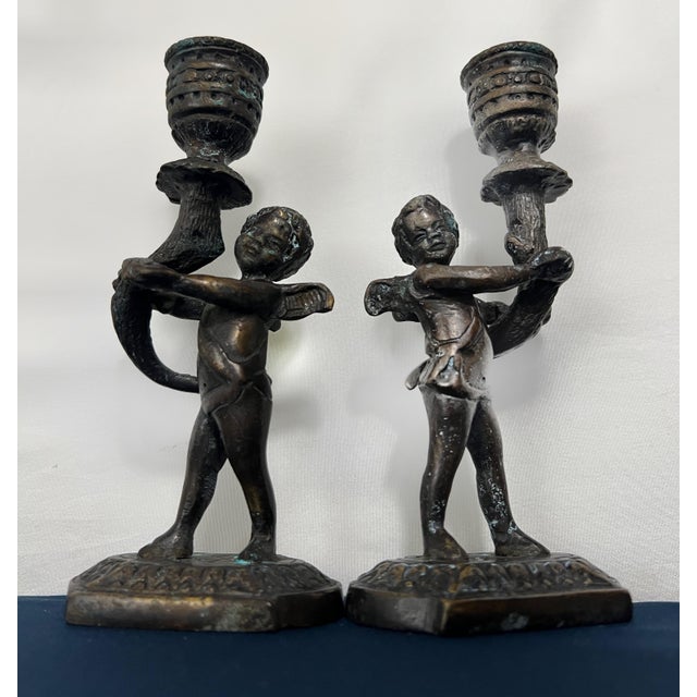 Gothic Pair Vintage Maitland-Smith Cast Bronze Cherub Candlestick Holders For Sale - Image 3 of 8