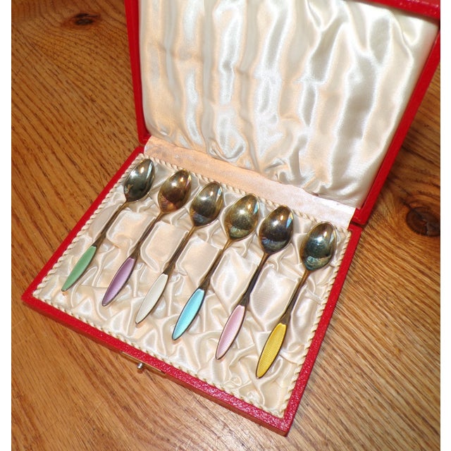 1960s Box of 6 Frigast Sterling Silver Demitasse Spoons Set, Gold Wash, Guilloche Enamel For Sale - Image 4 of 6