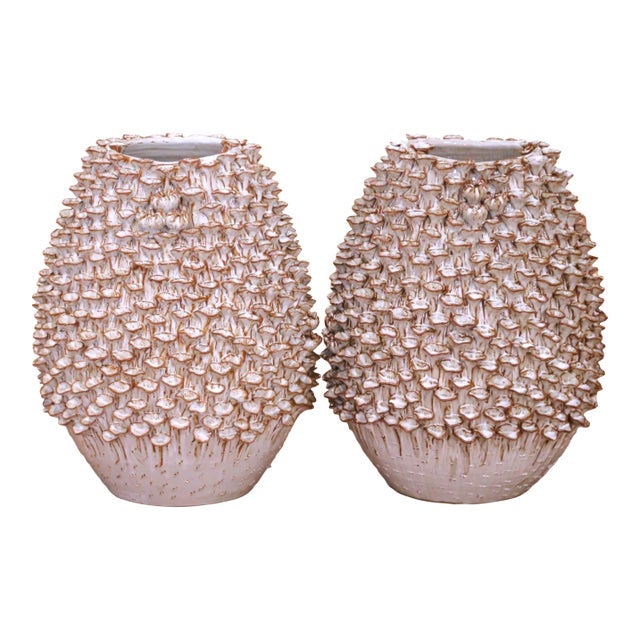 Pair of Contemporary French Ceramic Vases With Mushroom-Inspired Organic Relief For Sale