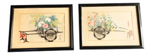 Vintage Framed and Signed Original Kin-U Takeshita Flower Cart Woodblock Prints: Spring and Autumn - a Pair