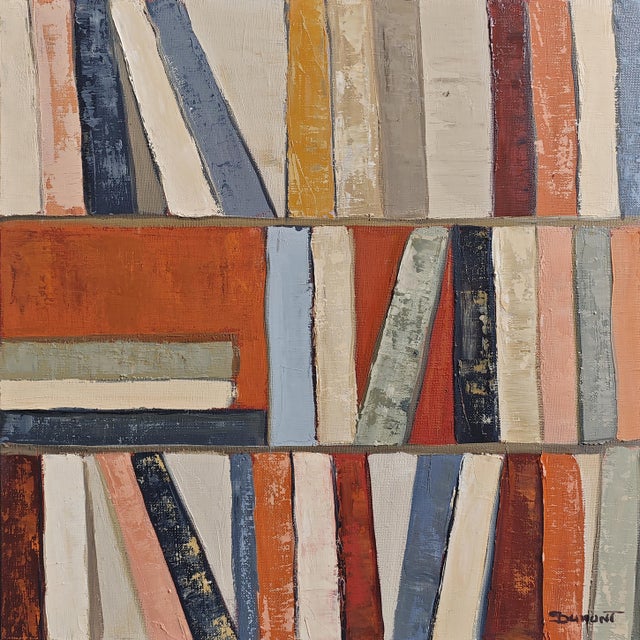 A contemporary abstract library painting by French artist Sophie Dumont. This oil on canvas features a structured...