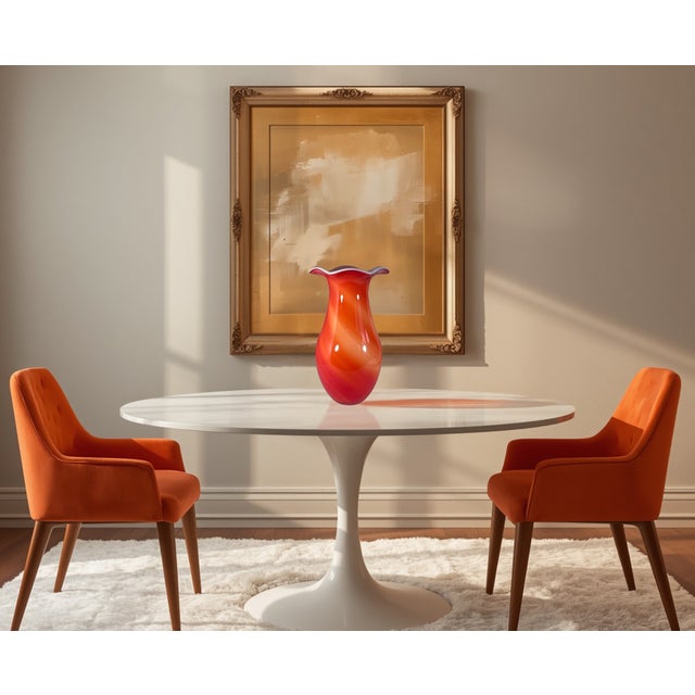 13 3/4 In. Tall Vintage Bulbous Scalloped Rim Cased White Orange Art Glass Vase For Sale - Image 11 of 15