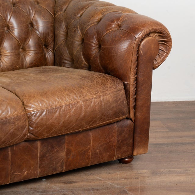 20th Century English Vintage Brown Leather Chesterfield Three Seat Sofa For Sale - Image 12 of 14