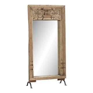 Antique Indian Bleached Teakwood Carved Door Frame C. 1880, With a Mirror Added on Iron Legs For Sale