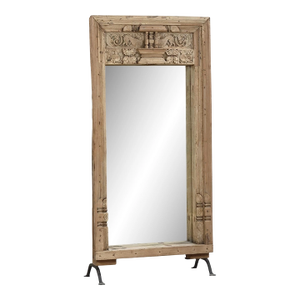 Antique Indian Bleached Teakwood Carved Door Frame C. 1880, With a Mirror Added on Iron Legs