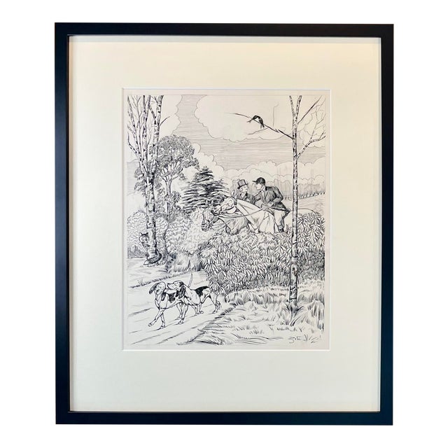 1950s Original Equestrian Whimsical Drawing by Vincenzo Zito, Black Frame Chairish