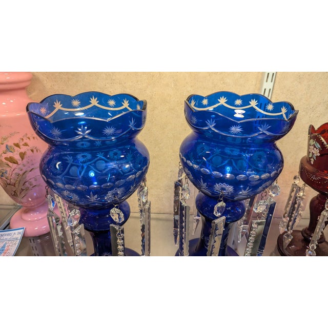 Cobalt Flashed Crystal Lusters- a Pair For Sale - Image 4 of 8