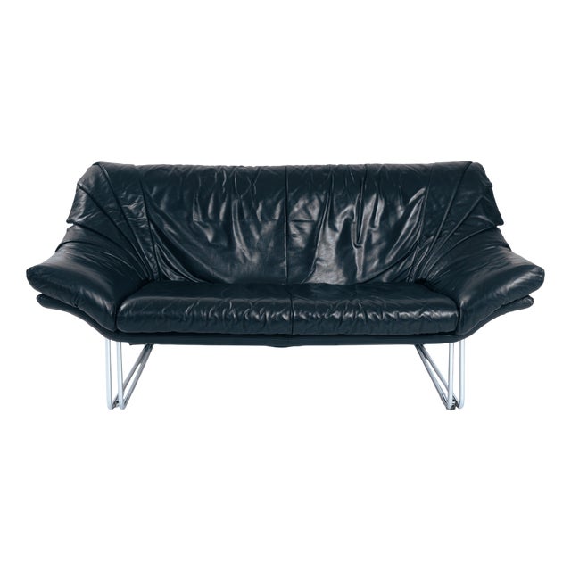 Vintage Italian Two-Seater Sofa in Black Leather and Metal, 1980s For Sale