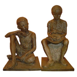 1930s French Vintage Lifesize Children Sculptures in Bronze Finish - Set of 2 For Sale