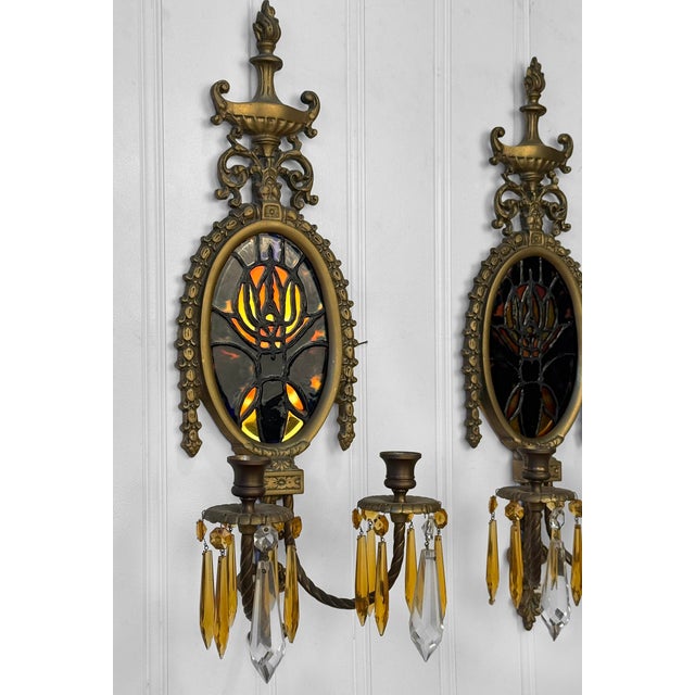 Antique Empire Brass & Stained Glass Crystal Prism Candle Wall Sconces - A Pair For Sale - Image 4 of 11