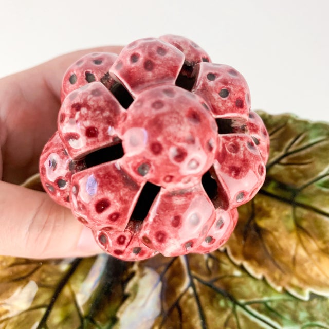 Ceramic Antique Majolica Like Pottery Plate Leaf Strawberries Wall Hanging Place Card For Sale - Image 7 of 8