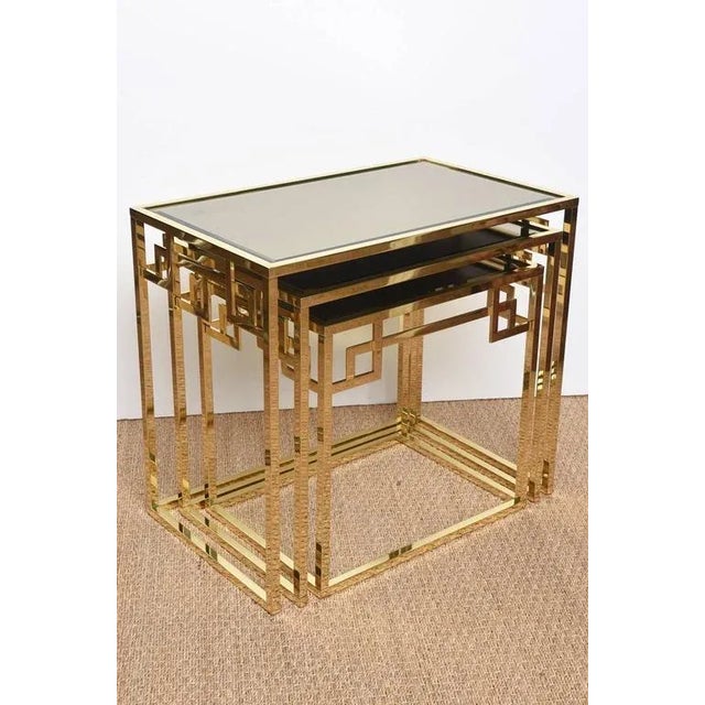 Modern Vintage Italian Brass and Glass Greek Key Nesting Tables Set of 3, 1970's For Sale - Image 3 of 10