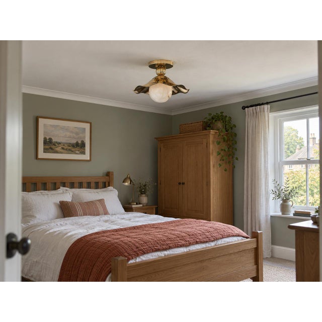 Wavy Brass Flush Mount Light With Alabaster Globe For Sale - Image 6 of 13