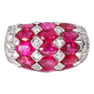 Late 20th Century Size 6.75 14K White Gold Ruby Diamond Ring Band Estate For Sale