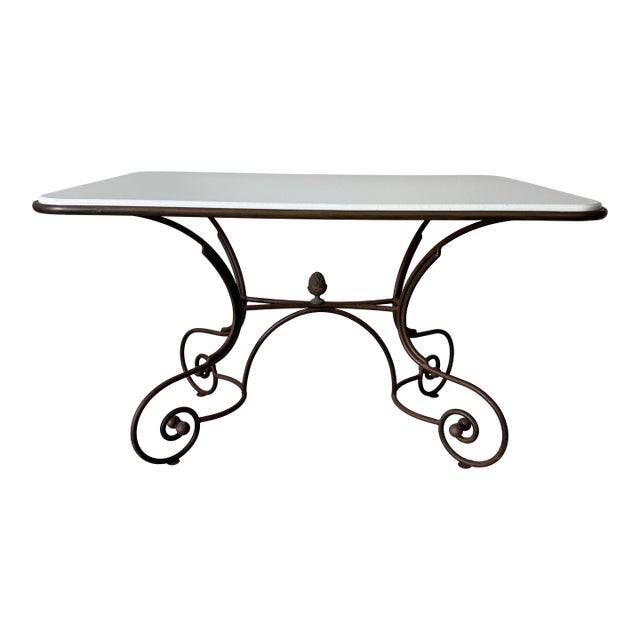 1960’s French Hollywood Regency Metal & Brass Indoor/Outdoor Dining Table With White Composite Stone Top For Sale