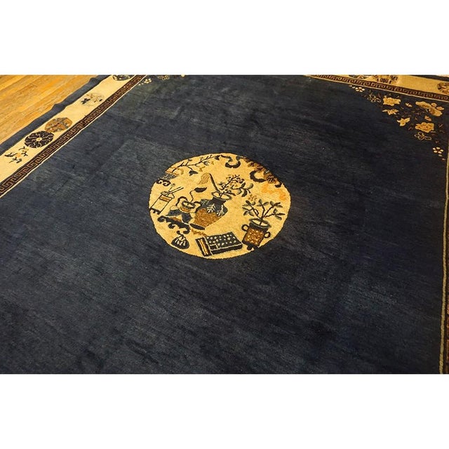 1920s Navy Field Medallion Floral Greek Key Antique Chinese Peking Rug For Sale - Image 4 of 9