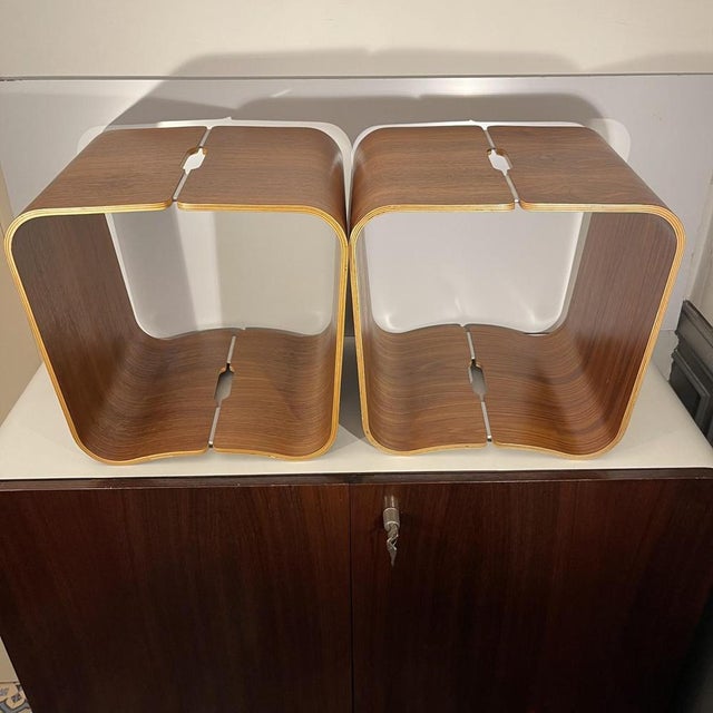 Scandinavian Stools or Side Tables in Curved Multiplex Wood, Rosewood and Aluminum in the style of Alvar Aalto, 1970s, Set of 2 For Sale - Image 12 of 16