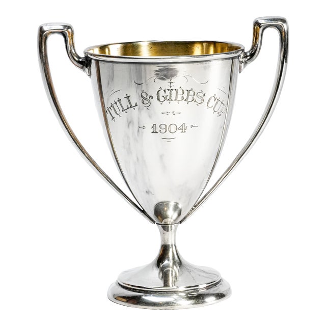 Gleaming Double Handle Antique Sterling Silver Small Trophy Cup Home Decor For Sale