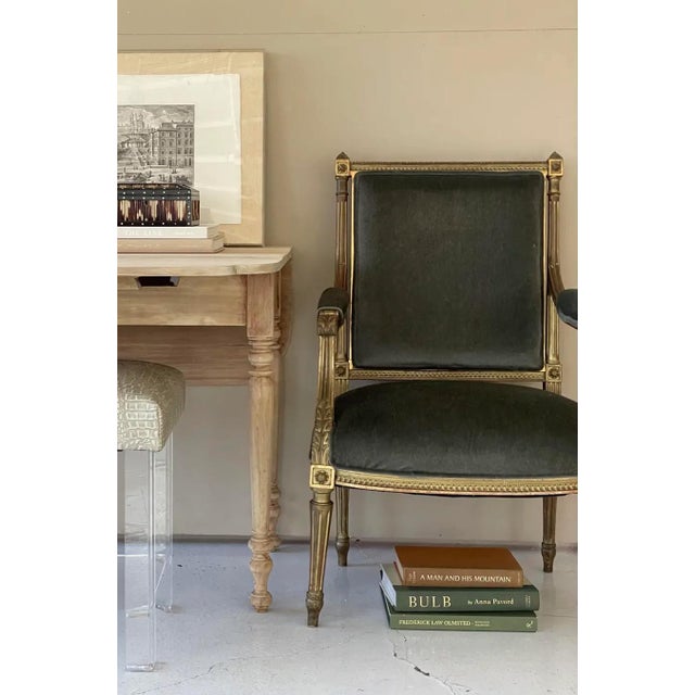 French 19th c. fauteuil chair, possibly late 19th c. Beautiful patina to the gilt frame, with acanthus leaf and rosette...