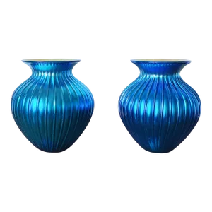 Vintage Vases in Iridescent Blue Glass With Yellow Gold Interiors, a Pair