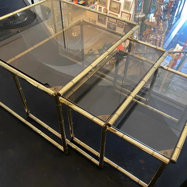 Tommaso Barbi 1960s Mid-Century Modern Set of Three Brass Nesting Tables For Sale - Image 4 of 13