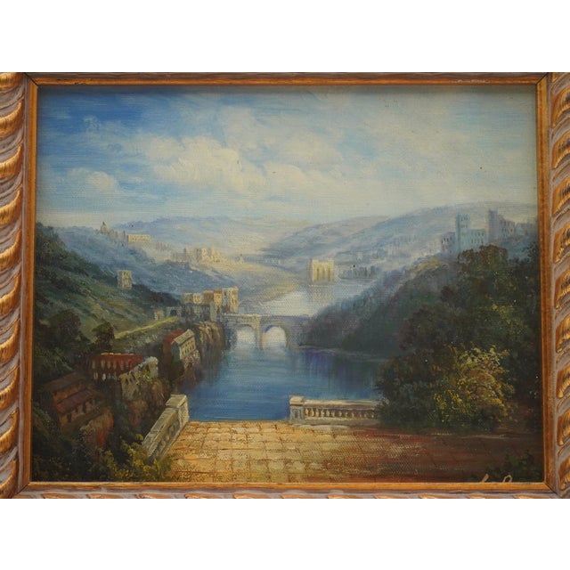 1980s 1980s European Valley Oil on Canvas City by River Painting - Signed For Sale - Image 5 of 9