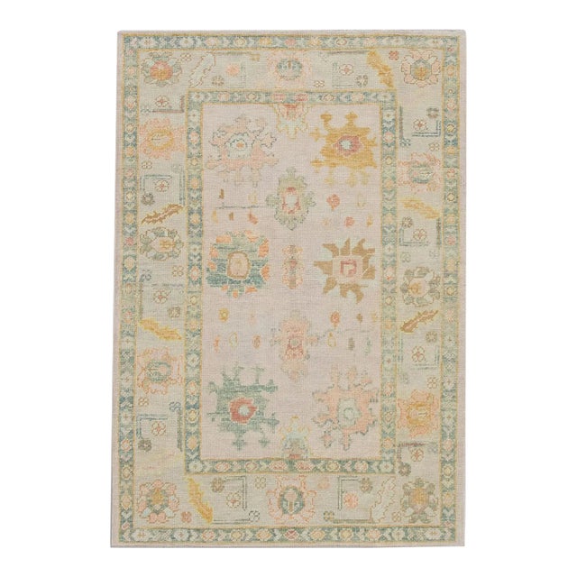Turkish Oushak Rug Cream, Green & Orange Floral Design Handwoven Wool Rug 4' X 5'11" For Sale