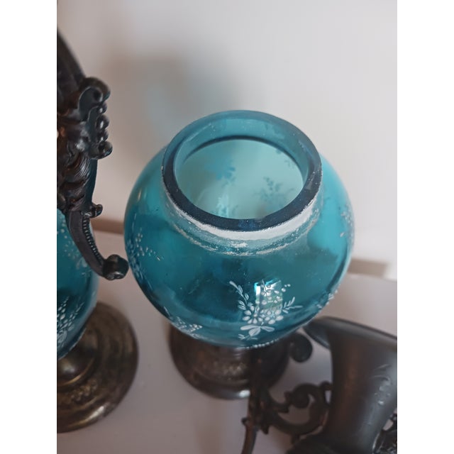 Blue Rare Pair Antique WMF Art Nouveau Blue Glass Vases Silverplate Metalwork c.1900 For Sale - Image 8 of 9
