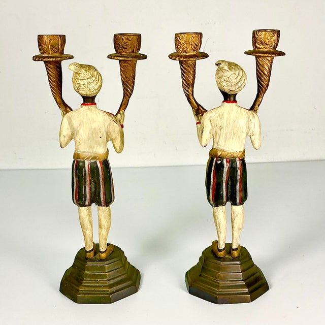 Early 1900s Antique Mediterranean Italian Venetian Moorish Painted Bronze Candelabras - A Pair For Sale - Image 11 of 17