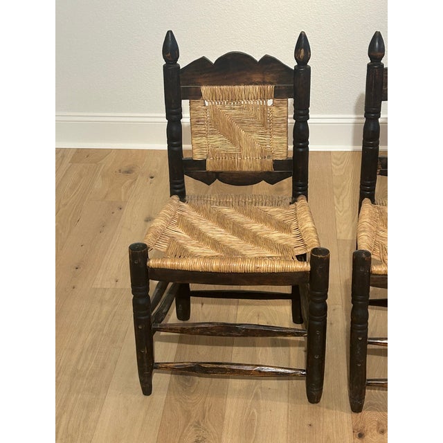 4 Vintage Mexican Wood & Woven Rush Seat Chairs For Sale In Phoenix - Image 6 of 10