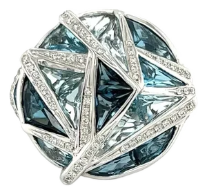 Bellarri 18k White Gold Diamond Blue Topaz Geometric Design Ring, Size 7