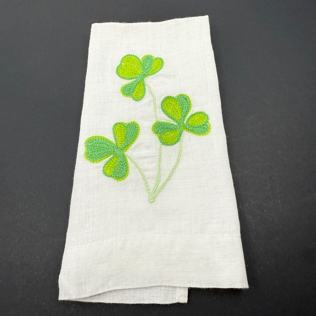 Set of 3 Vintage White Madeira Linen Embroidered Shamrock Finger Tip Guest Towels For Sale - Image 10 of 14