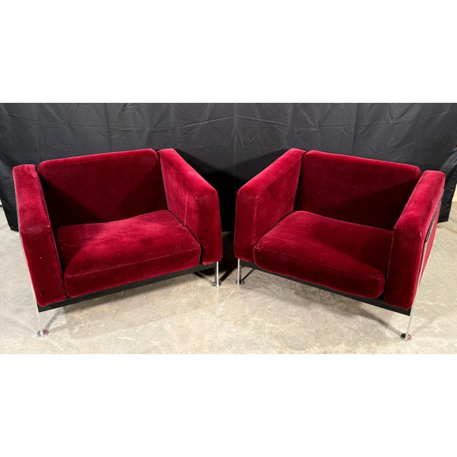 Stendig Mid-Century Modern Cube Lounge Chairs in Burgundy Mohair Velvet and Chrome, Robert Hausmann for De Sede Style - A Pair For Sale - Image 12 of 16