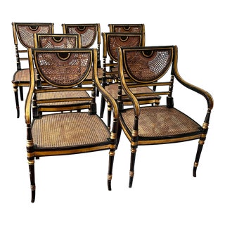 Set of Fancy English Regency Style Black and Gold Painted Dining Chairs For Sale