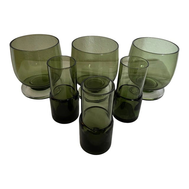Vintage Mid-Century Modern Olive Green Lowball & Shot Glasses-A Set For Sale
