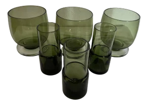 Vintage Mid-Century Modern Olive Green Lowball & Shot Glasses-A Set