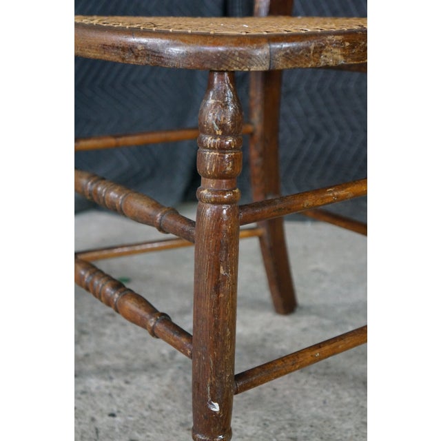 2 Antique American Country Oak Farmhouse Ladderback Chairs Cane Seat Pair For Sale - Image 13 of 18