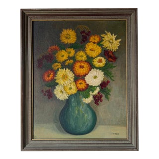 1970s Vintage Impressionist Floral Still Life Oil on Board Painting – Signed & Framed For Sale