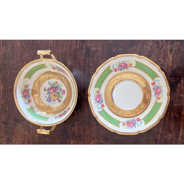 Green Antique Tressemanes & Vogt Limoges "La Cloche" Cream Soup Bowls & Saucers - Set of 12 For Sale - Image 8 of 18