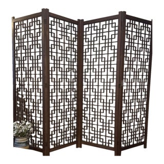 MCM 4 Panel Teak Geometric Fretwork Room Divider For Sale
