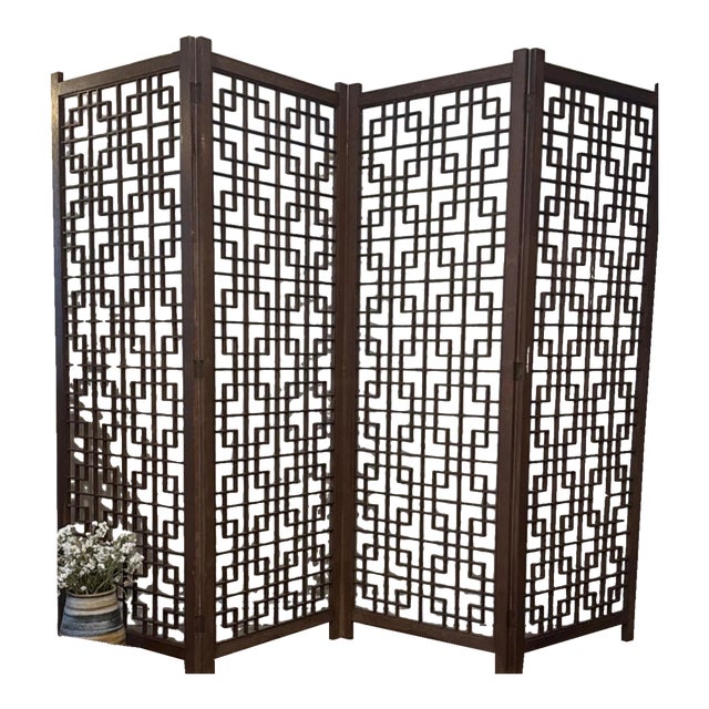 MCM 4 Panel Teak Geometric Fretwork Room Divider For Sale