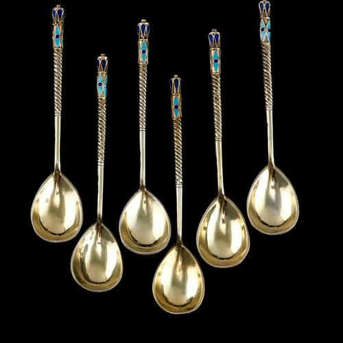 Antique Russian Silver Enamel Cloisonne Spoons by Dmitrii Nikolaevich Nikolaev, 1900s, Set of 6 For Sale - Image 18 of 18