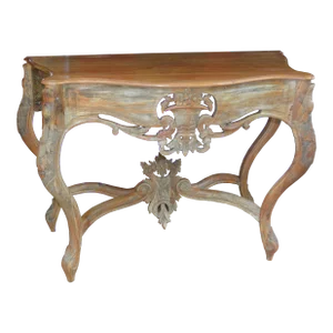 1960s Carved Wood Curved Louis XV or French Style Hall Console Table W/ Open Weave Floral Accents