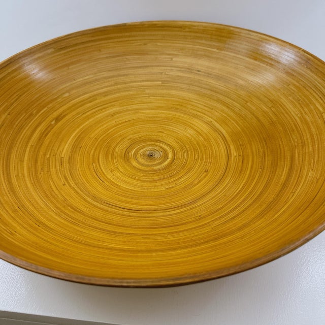 Wood Vintage Extra Large Bamboo Serving Bowl | Hand Turned Wooden Salad Bowl | Mid Century Modern Natural Wood Centerpiece | Boho Farmhouse Decor For Sale - Image 7 of 9