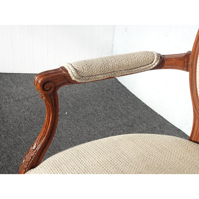 Vintage French Provincial Burlap Linen Side Arm Chair W Ornate Frame For Sale - Image 12 of 15